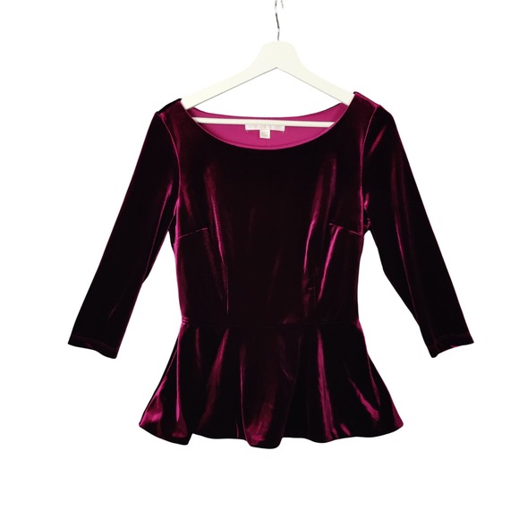 Boston Proper Velvet Peplum Top 3/4 Sleeve Party‎ Cocktail Blouse Womens Size 10 - Picture 1 of 8